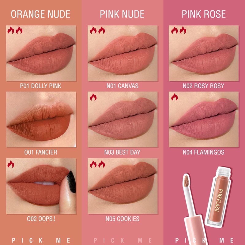 Pinkflash Ohmykiss Lipstick Cair Matte Lembut Tahan Lama Dengan Pelembab PF-L01