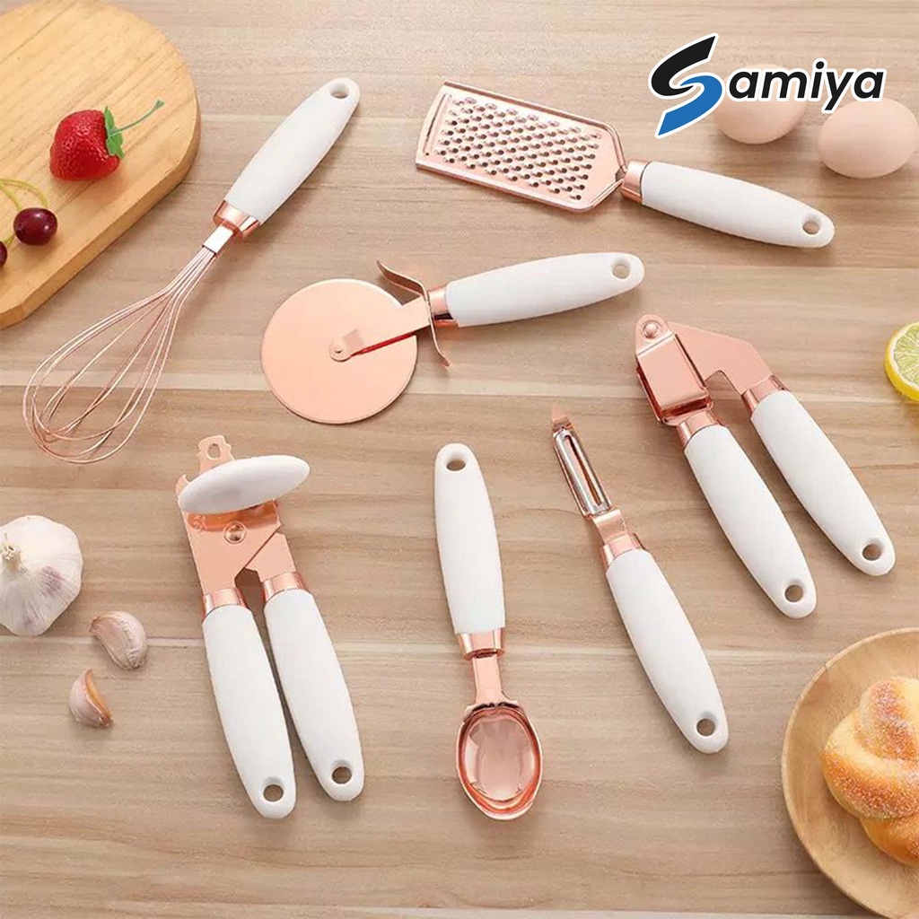 kitchen gadget set 7pcs / paket lengkap alat dapur rosegold garlic press penghancur bawang can opener pembuka kaleng parutan keju ice cream spoon sendok es krim egg beater pengocok telur pizza cutter pairing knife