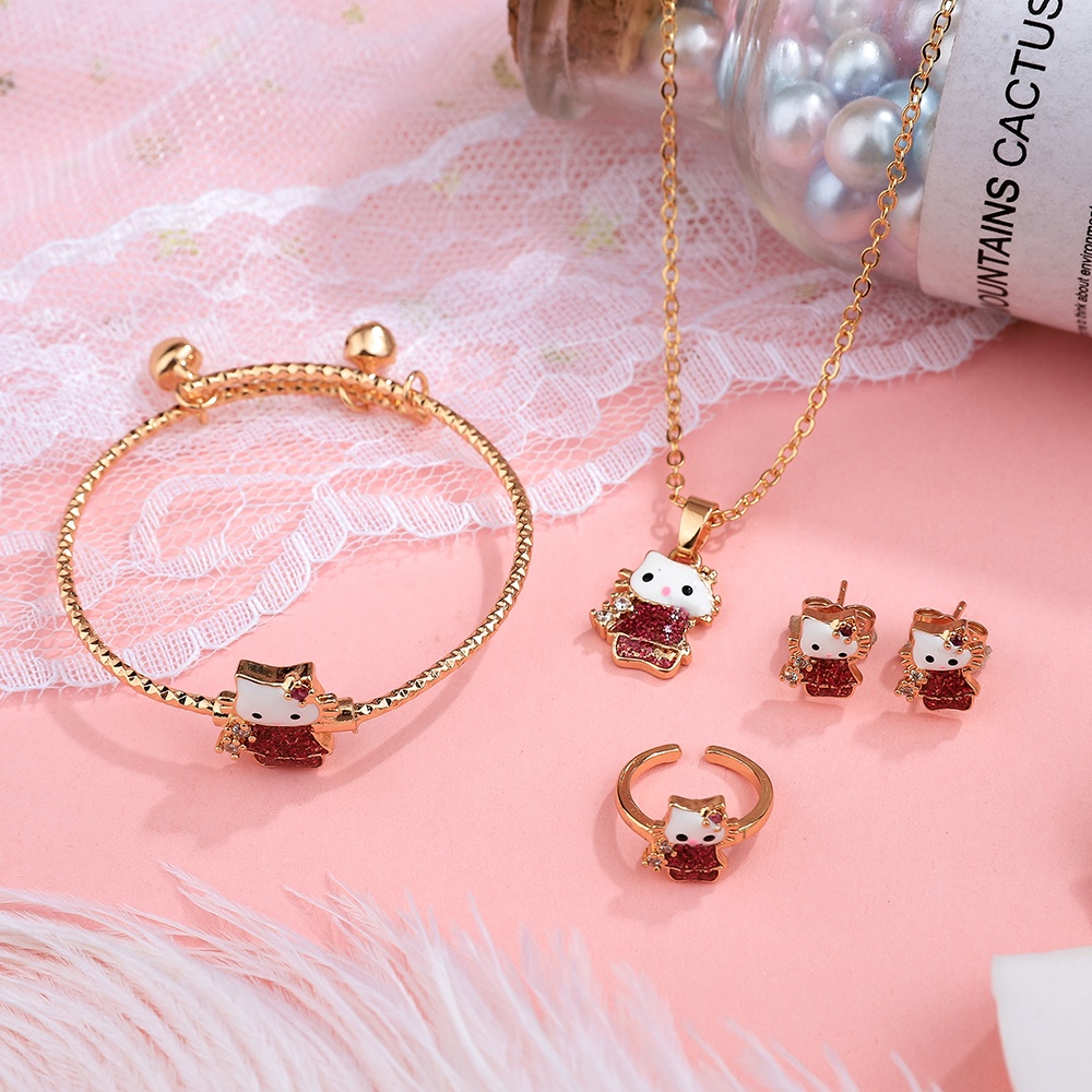 set perhiasan anak titanium anti karat Anak kucing yang lucu kalung titanium wanita anting anti karat gelang titanium murah D488