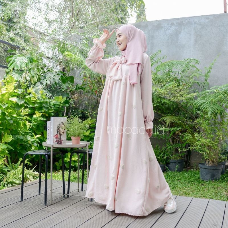 Dress Lebaran Premium Bahan Crincle Embroidery timbul lengan karet baby pink baby blue hitam