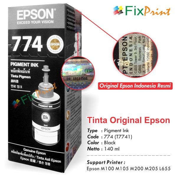 Tinta Printer Epson Original 774 T774 T7741 Black, Epson