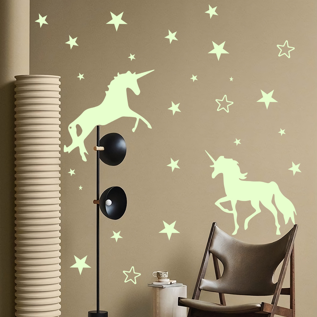 Stiker Dinding 3D Motif Kartun Unicorn Bintang Glow in the Dark Untuk Dekorasi Kamar Anak