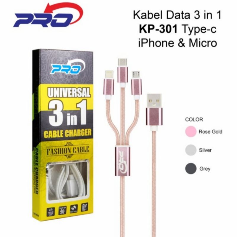 Kabel Data Charger Pro USB 3 IN 1 Micro Type C Iphone KP-301