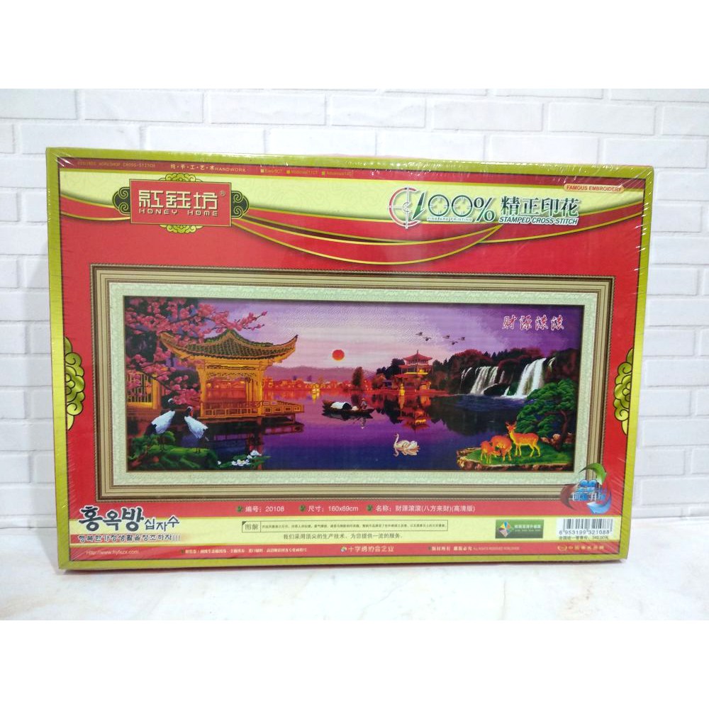 Paket DIY Craft Sulam Kristik Strimin TIMKEE 20108 Pemandangan Oriental Danau Pagoda Air Terjun