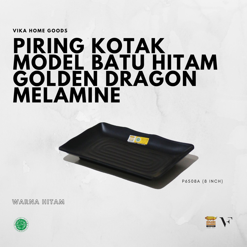 Piring Kotak Model Batu Hitam Golden Dragon Melamine (P6508A)