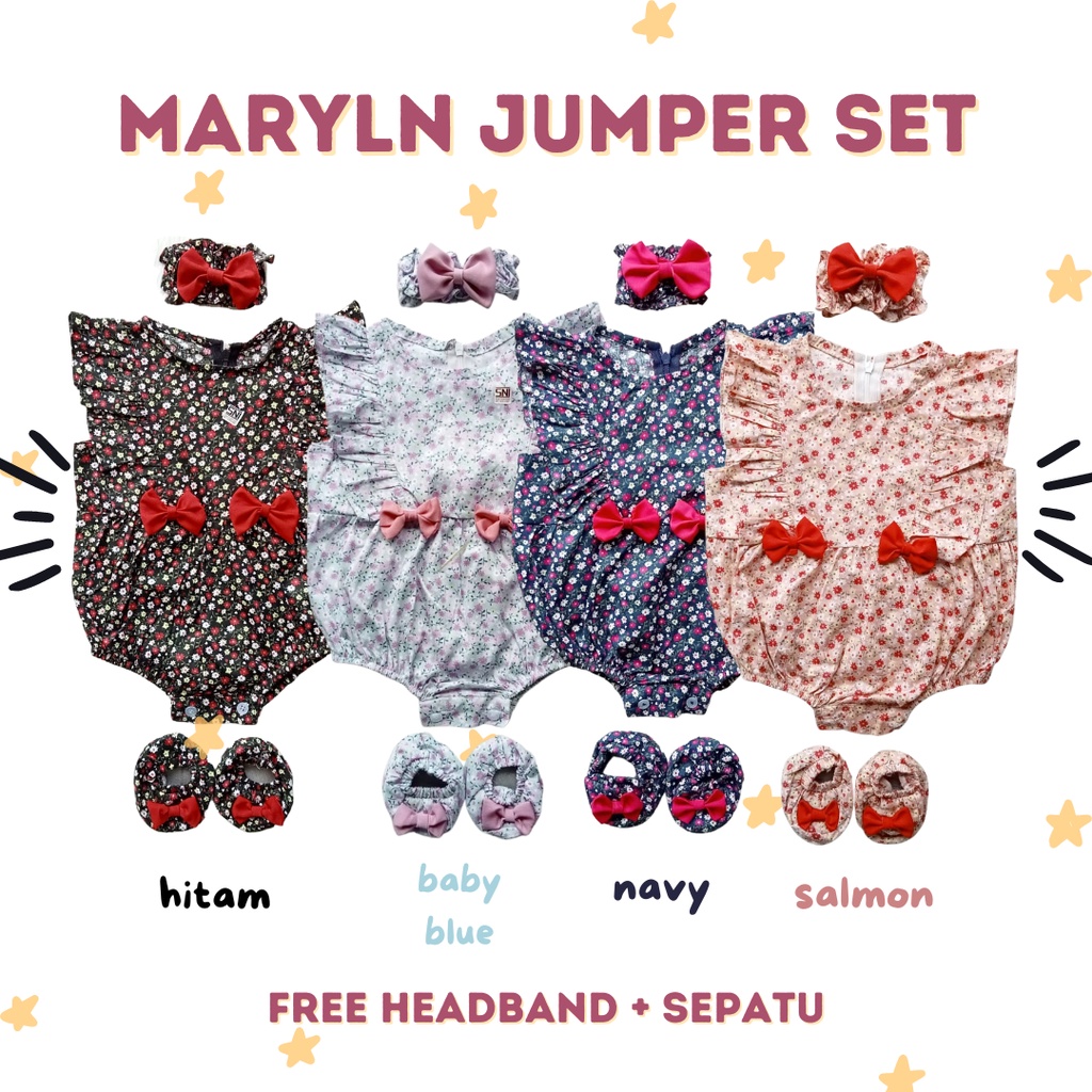 RENKIDSWEAR Maryln FLEURI jumper sepatu  set free bando+ headband romper newborn lucu katun 0-12 bulan baju kodok bayi baju set bayi kado newborn 1 tahunan bando