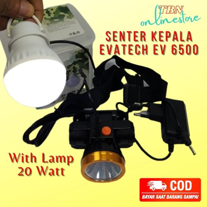 Senter Kepala evatech ev 6500 / Head Lamp 20 watt putih with lampu