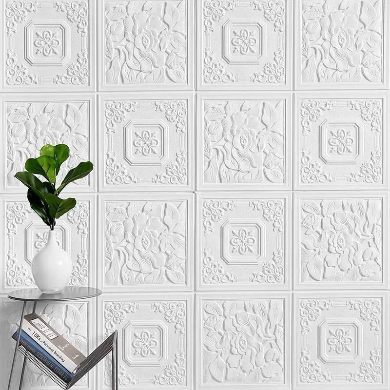 wallpaper foam premium motif panel bunga kotak batik putih