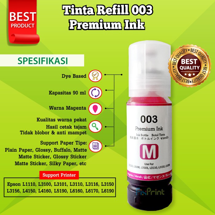 Tinta Premium Pengganti Original 003 Printer L1110 L3110 L3116 L3150 L3156 L5190 Refill Tinta Printer 003 L1210 L1216 L1250 L3210 L3216 L3250 L3256 L5290 L5296