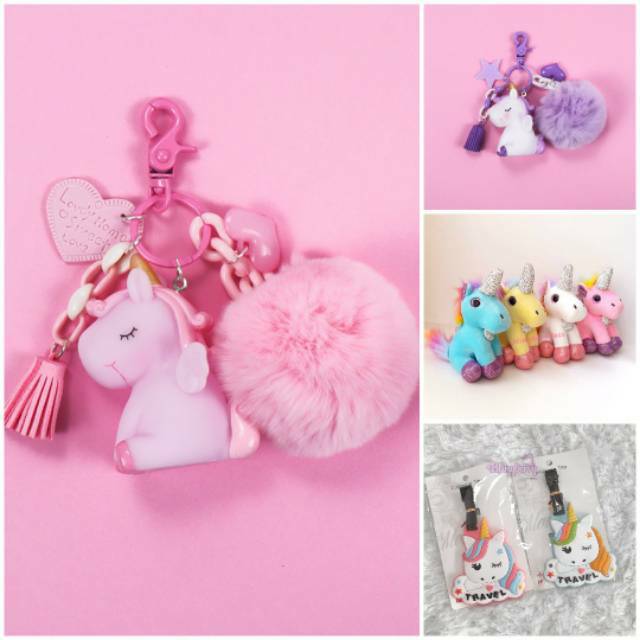 Unicorn Charms Ganci Keychain Pompom Halus Fluffy Gantungan Tas Unicorn Gantungan Kunci Unicorn