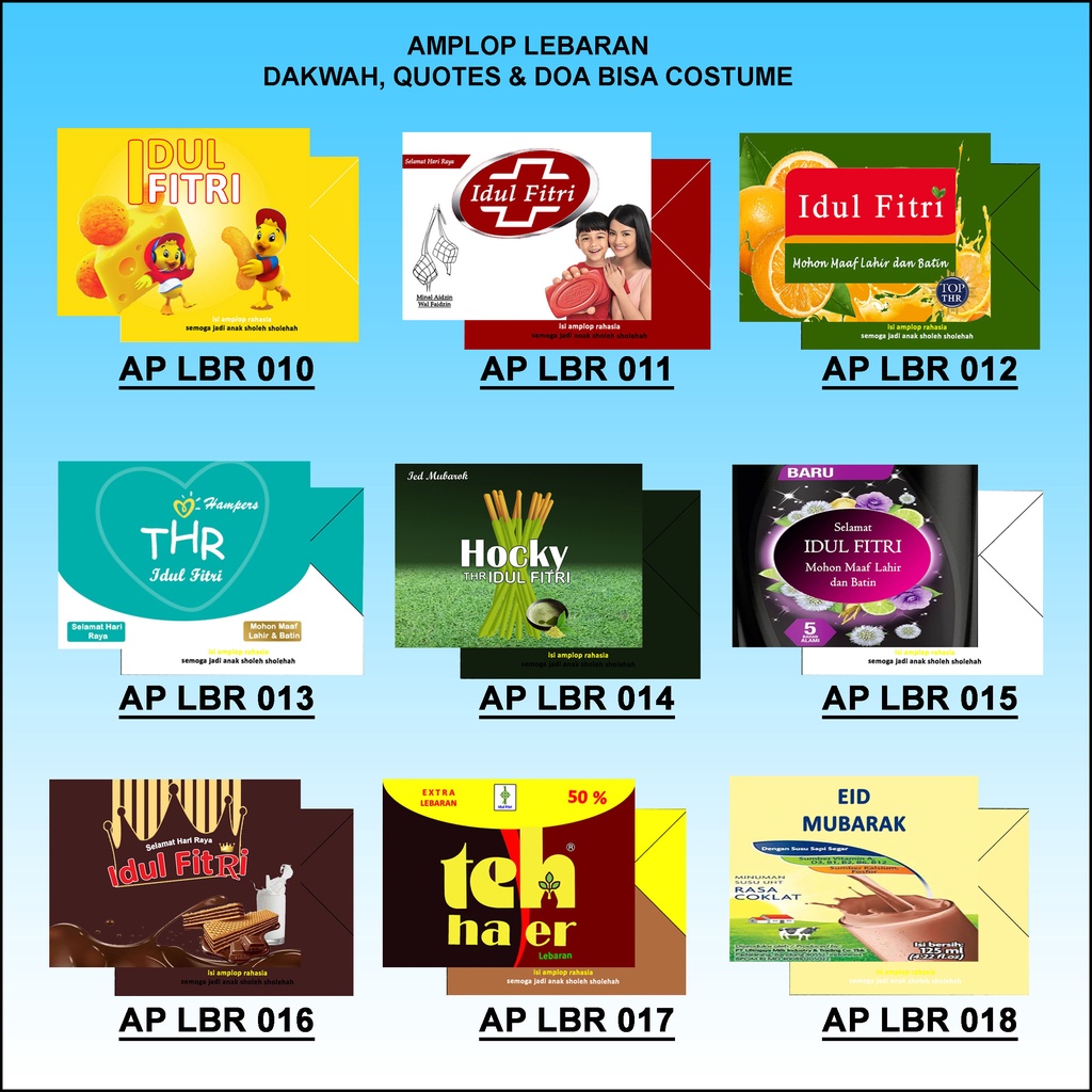 

AMPLOP LEBARAN UNIK (harga tertera untuk 1pak isi 9pcs) CUSTOM - AMPLOP LEBARAN GLOSY Motif Snack Lucu