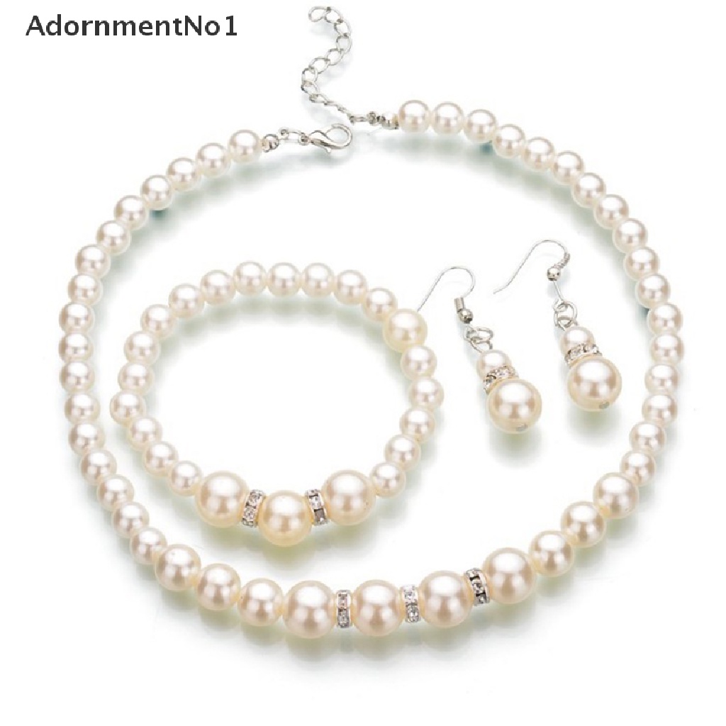 (AdornmentNo1) Set Kalung + Gelang + Anting Gantung Tusuk Aksen Mutiara + Kristal Untuk Perhiasan Wanita / Pernikahan