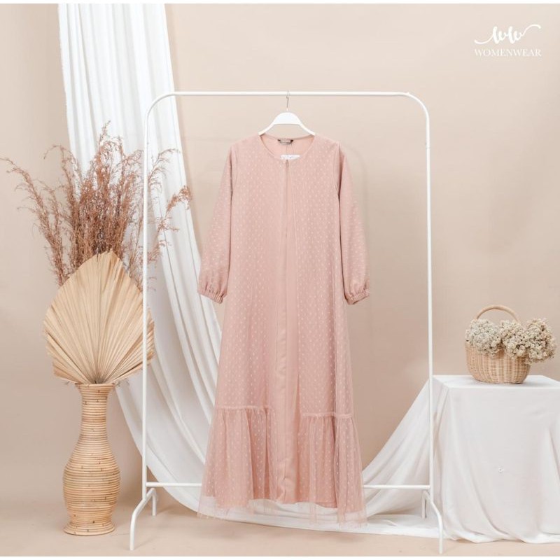 Haliya Dress Mosscrepe Mix Tille Dot JUMBO XXXXL / Gamis Kondangan / BAJU DEWASA MURAH TERBARU 2021 / Gamis Kondangan Wanita / Gamis bridesmaid-Krem