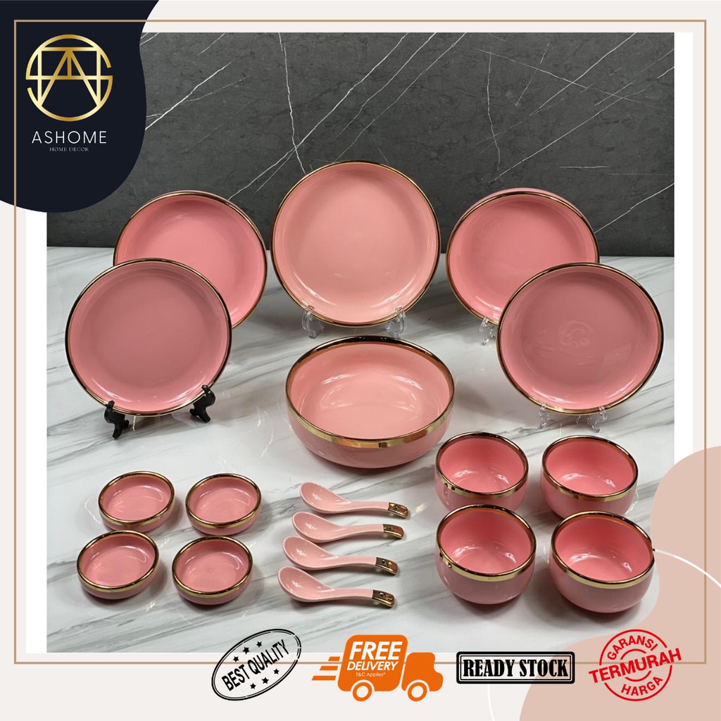 Jual Ashome Piring Set 4 Orang Piring Makan Set Keramik Pink Isi 18 Pcs Piring Set Keramik 3926