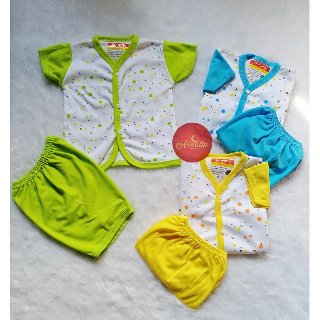 3Pcs Baju Lengan Pendek Polkadot Bayi Baru Lahir / Setelan Baju Bayi Dnoorfa / Piyama Pendek 3 Stel