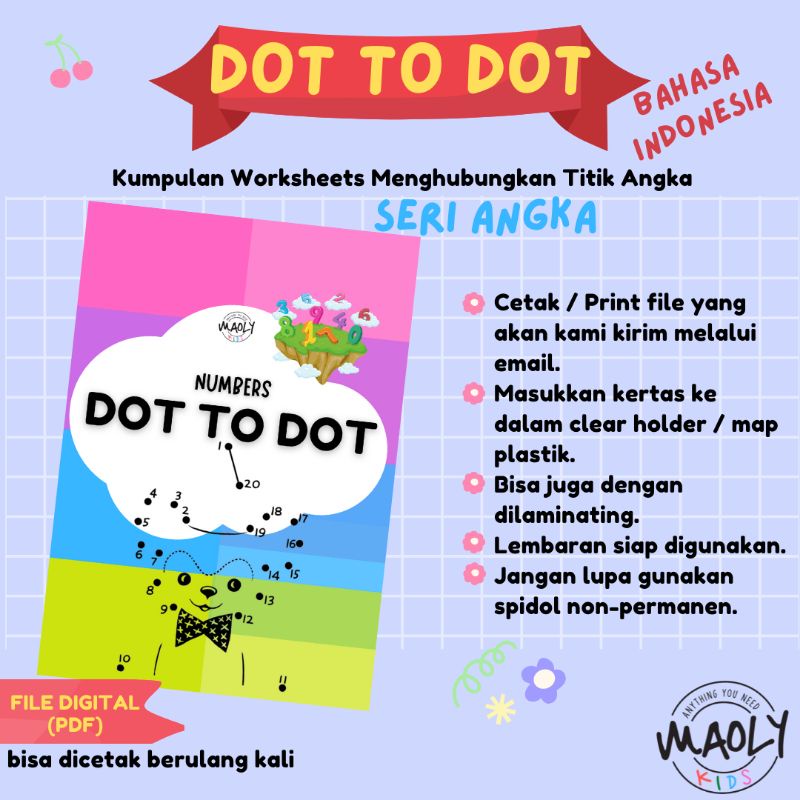 Dot to Dot Belajar Berhitung Mengenal Angka Menggambar Mewarnai Worksheet Lembar Kerja Anak PAUD/TK Printable