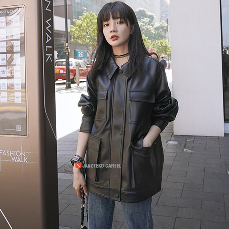 JNK x MURA - Jaket Kulit Sintetis Oversize Wanita Saku Pocket Bigsize Besar Tebal Leather Jacket OOTD Korea KPOP Girlband Cewek Remaja Dewasa Anak Gadis Muda Model Overshirt Balon Keren Polos Premium Original Perempuan ORI Jumbo Import Distro Cewe Casual