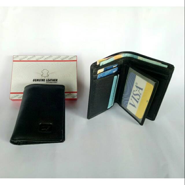 Dompet berdiri 3/4 pria kulit asli hitam dompet kartu