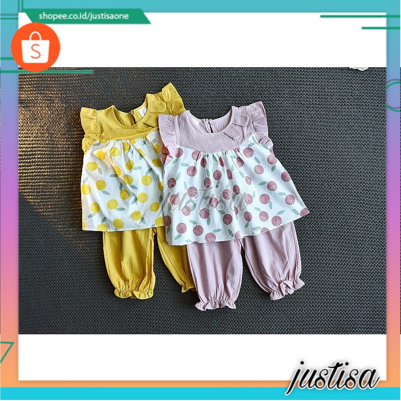 Promo !! Setelan baju anak cewek / Setelan orange yellow fruit import ukuran 1-4tahun (ungu,kuning)