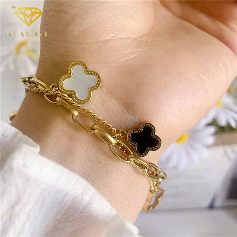 SEALOVE 18k Emas Ganda Semanggi Rantai Gelang Titanium asli Anti Karat Perhiasan Gaya Korea