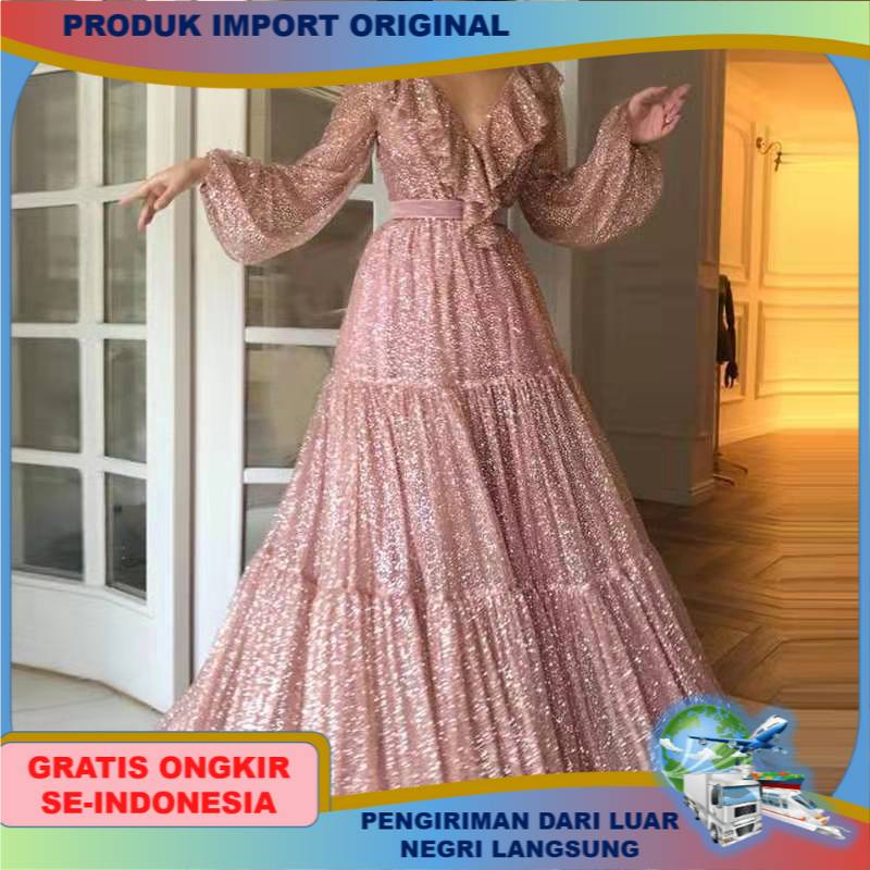 Terusan perempuan cantik style Eropa Gaun wanita model V-Leher Payet pakaian cewek Formal Swing Dres