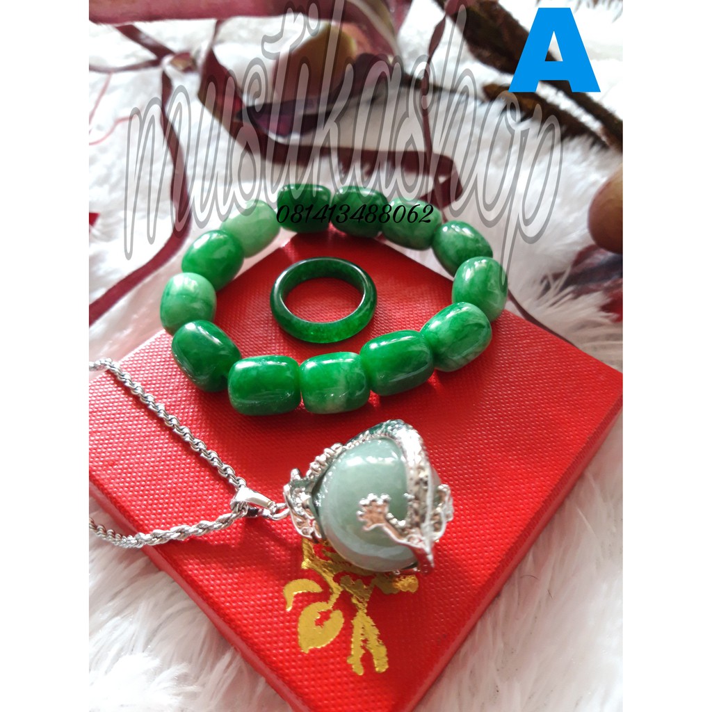 SET Gelang+Kalung+Cincin Giok Burma Natural Batu Alam Asli TERMURAH Pria/Wanita