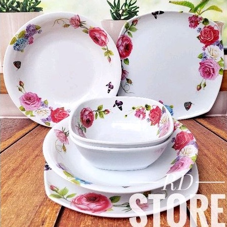 PROMO SET 6.PCS / ISI 2.PIRING KOTAK 2.PIRING MAKAN 2.MANGKOK KOTAK MOTIF ROSE MELAMINE