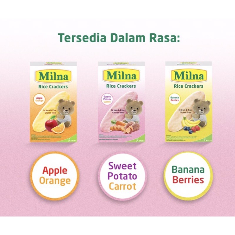 Milna rice crackers 3 varian rasa ( biskuit bayi kaya nutrisi )