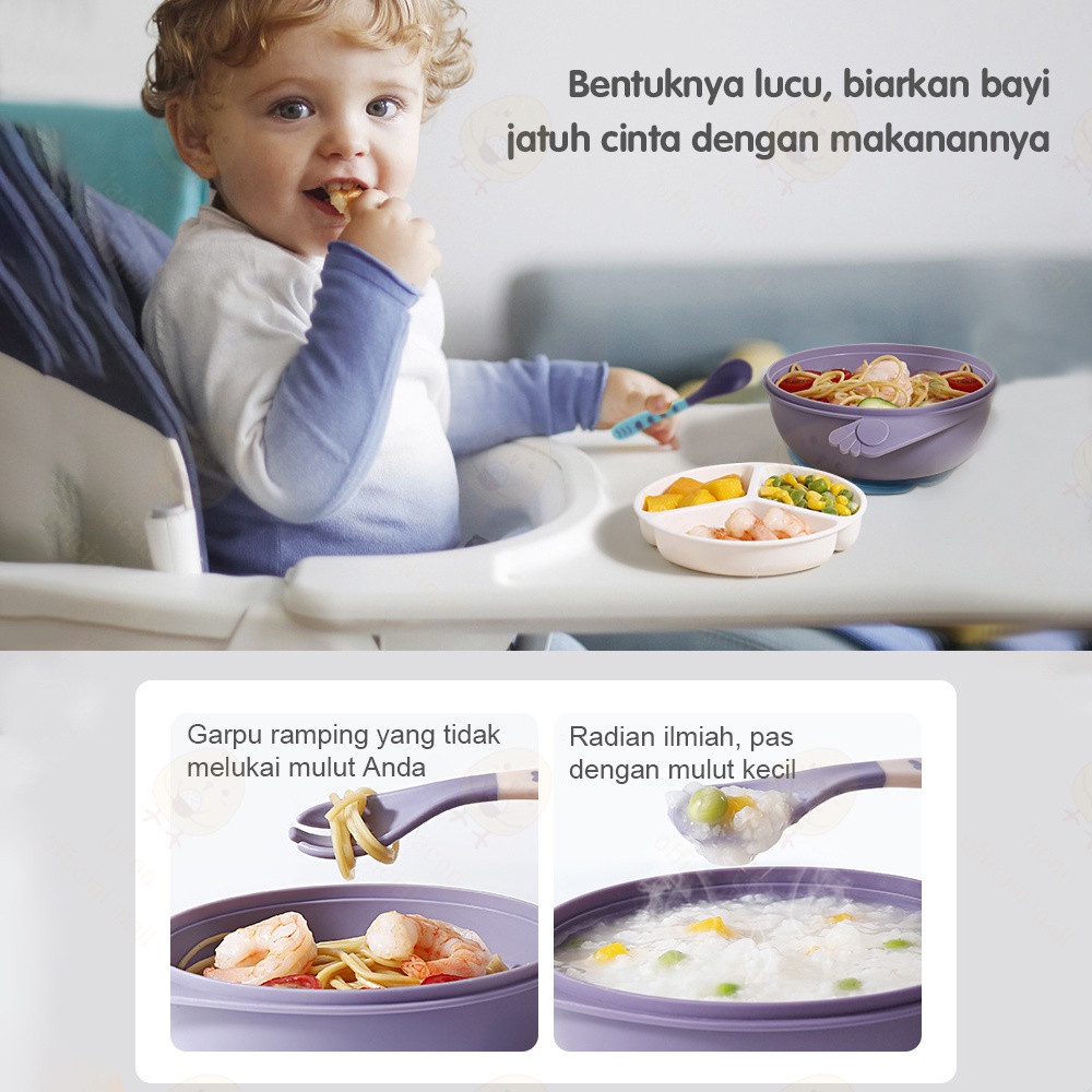 Lacoo Tempat makan bayi anak set Alat makan bayi Silikon Mangkok double layer bowl dengan sendok dan garpu