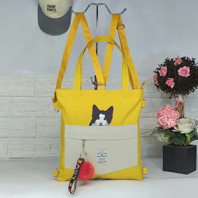 TOTEBAG KUCING RANSEL WANITA RESLETING / TOTE BAG LUCU, RANSEL/SLEMPANG,BISA CUSTOM SABLON TB 002 C