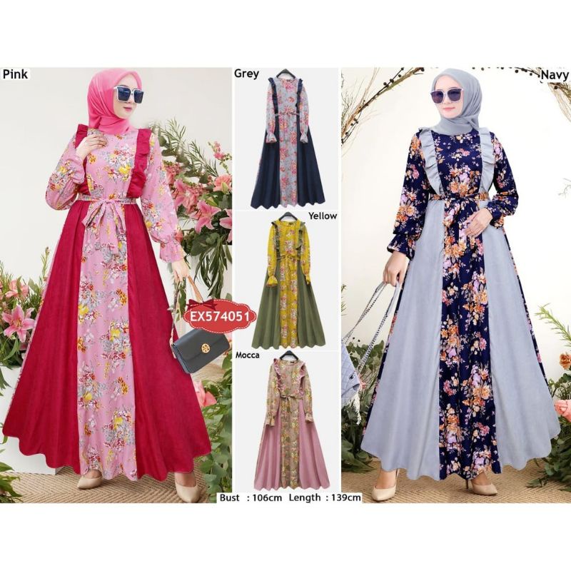 Gamis Flower Talitha mayung rempel dada bahan wolpeach mix kodoray merk extu (574049)