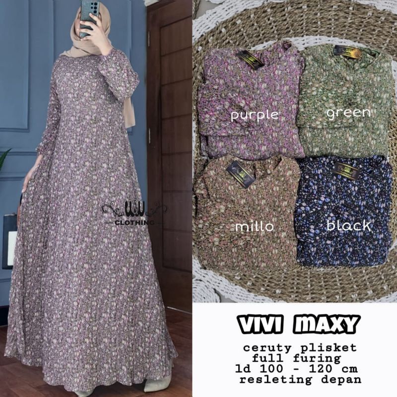 Vivi Maxy New Gamis Muslim Bahan Ceruty Plisket Full Furing