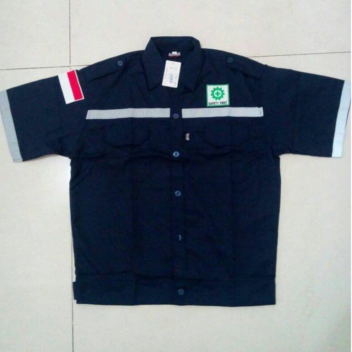 BAJU SAFETY ATASAN LENGAN PENDEK BIRU NAVY + LOGO K3 BENDERA