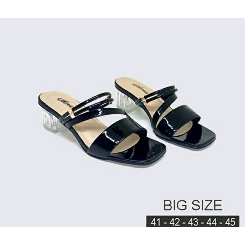 Sepatu Heels Kaca Wanita ALN Black Big Size 41-45 Slop Kaca Hak 5cm Mewah SLOP Heels Simpel JUMBO, 42