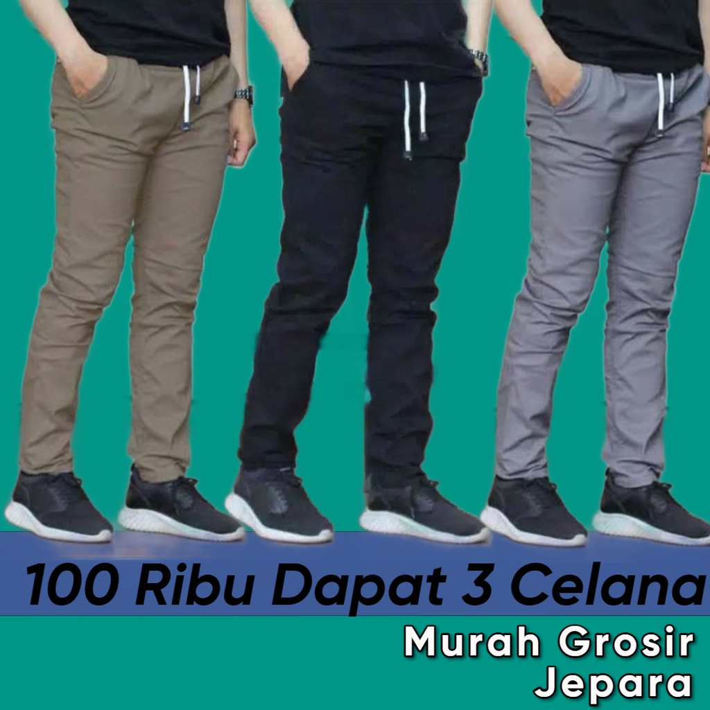 Promo!!! 100 Ribu Dapat 3 Pcs Celana Chino Panjang Pria Pinggang Karet Celana Kolor Celana Lelaki Celana Chino Pria Celana Panjang Cowok Rip Rib Kekinian Model Terbaru Termurah