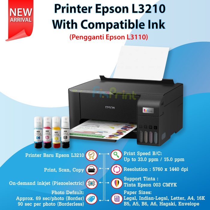 Printer Epson L3210 Black L3216 White Print Scan Copy All-in-One Pengganti L3110 Ink Tinta 003