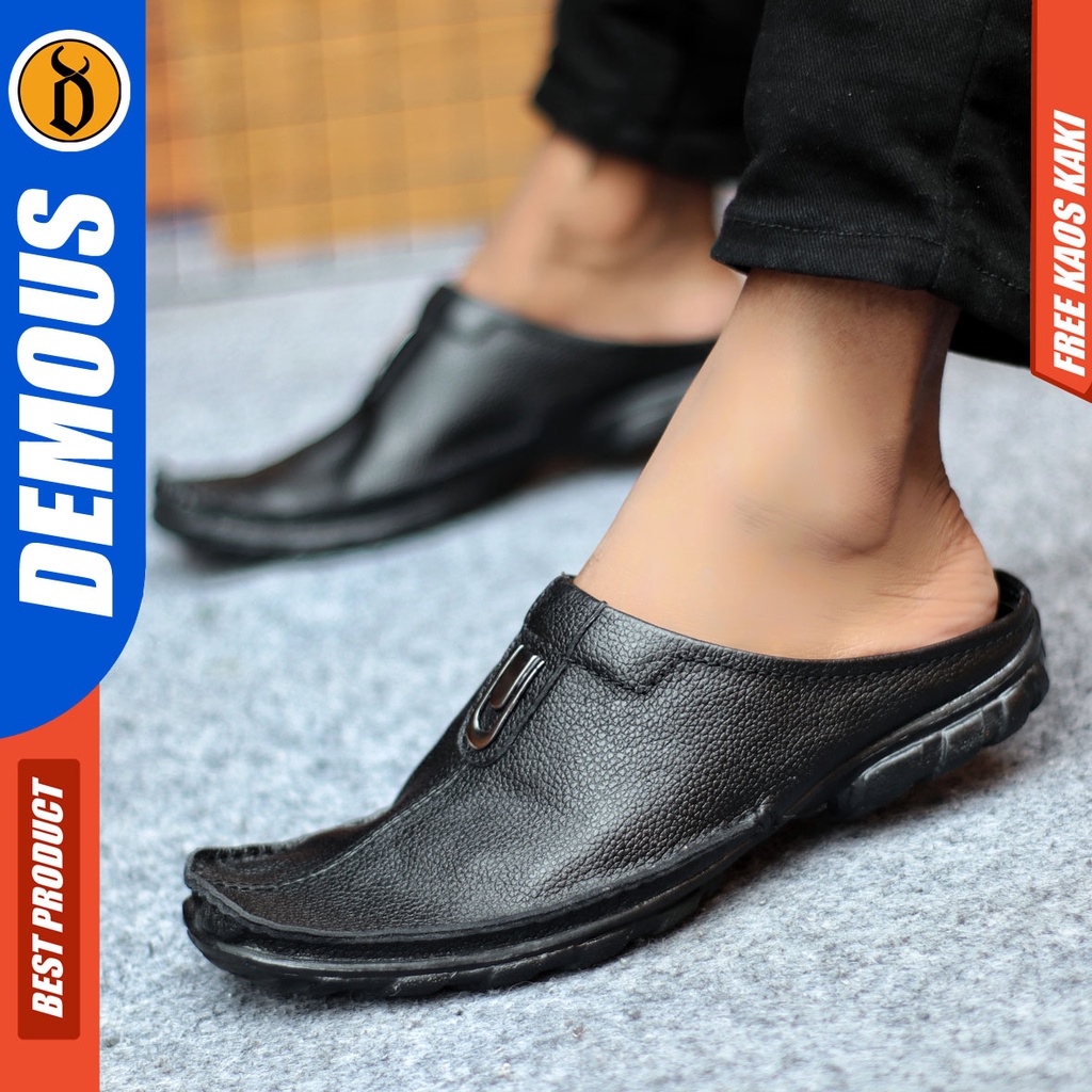 Sepatu Sandal Pria Kulit Asli Sendal Bustong Slop Hitam DEMOUS BUTENG