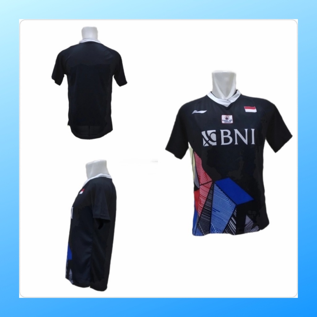 Kaos badminton pria jersey bulutangkis baju atasan jersy wanita dewasa t-shirt outfit seragam kostum olahraga casual suit pakaian jarsey oblong apparel sports jersi bulu tangkis L156 hitam sponsor