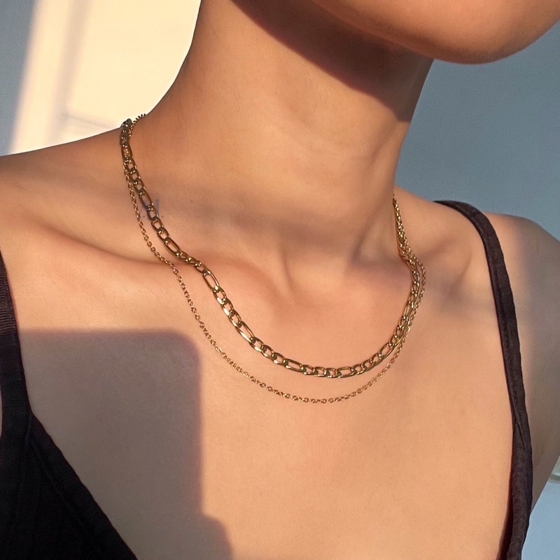 DARCY FIGARO DOUBLE NECKLACE ⎮ Kalung Unisex Model Rantai Figaro Double Anti Karat Stainless Steel 1