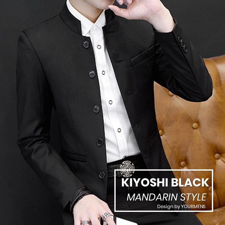 BLAZER MANDARIN PRIA SLIMFIT JASKO KIYOSHI BLACK ORIGINAL NIKAYU BAHAN HIGH TWIST PREMIUM (S,M,L,XL)