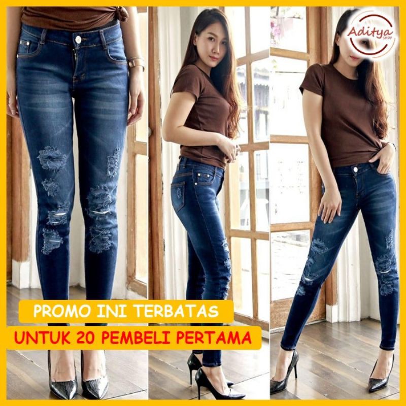 celana sobek wanita jumbo high waist jeans boyfriend ripped import hijab murah hitam cewek original
