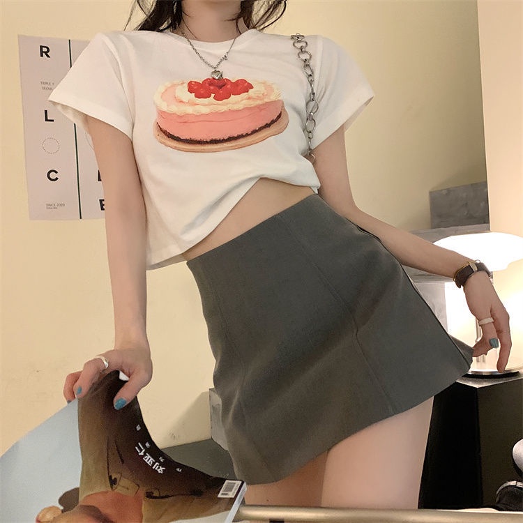 T-shirt pacar mahasiswa pendek rasa krim kue dicetak musim panas atasan longgar lengan pendek wanita