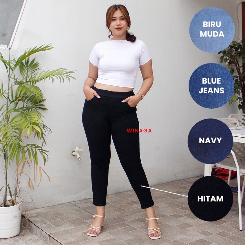 WINAGA- Legging Jeans Super Jumbo Big Size Wanita Stretch Pinggang Karet
