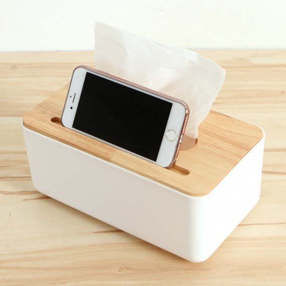 Tissue Box Kotak Tisu Kayu dengan Holder Dudukan Smartphone Mobile