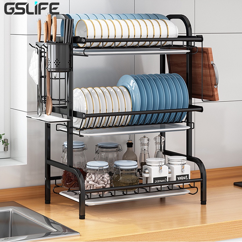 GSlife Hitam 56cm 2/3 Susun Rak Piring Rak Dapur Rak Piring Stainless Rak Mini Rak Ikea