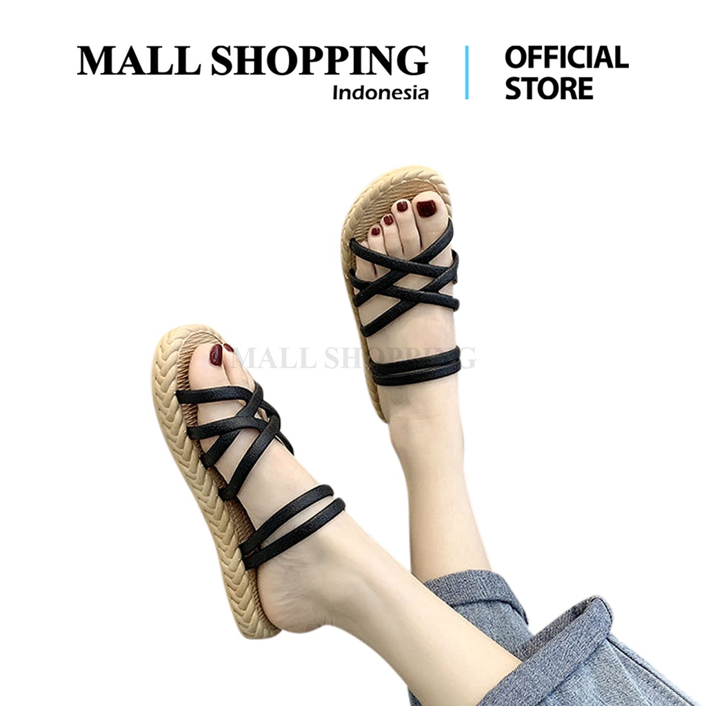 Sendal Wanita Tali Women Sandals Fashion Roman Cross Straps Flat Shoes MALL SHOPPING