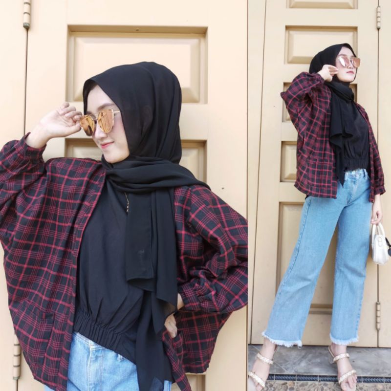 cardigan balon flanel kotak wanita/outer flanel