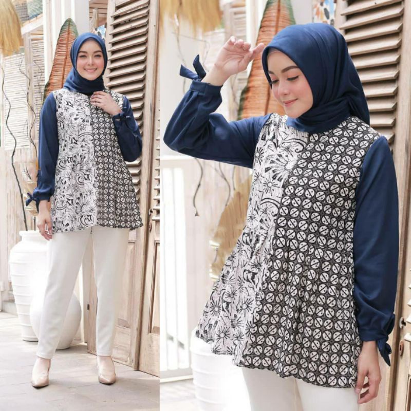 tey-17 Batik wanita ASJ SA HRB026 Kenongo Kemeja Tosca Pendek-SONIA NAVY