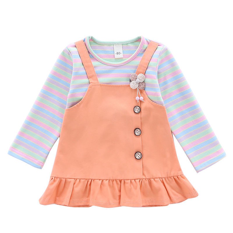Dress anak perempuan jumpsuit / rok ruffle +lengan panjang motif garis garis gaun anak cewek lucu import-6