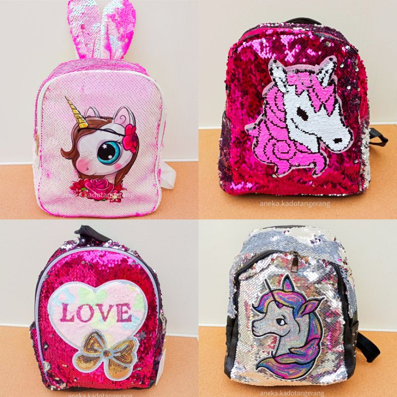 TAS UNICORN SEQUIN PAYET 2 WARNA PINK SILVER TAS ANAK PEREMPUAN REMAJA TAS PERGI TAS FASHION TAS TK 